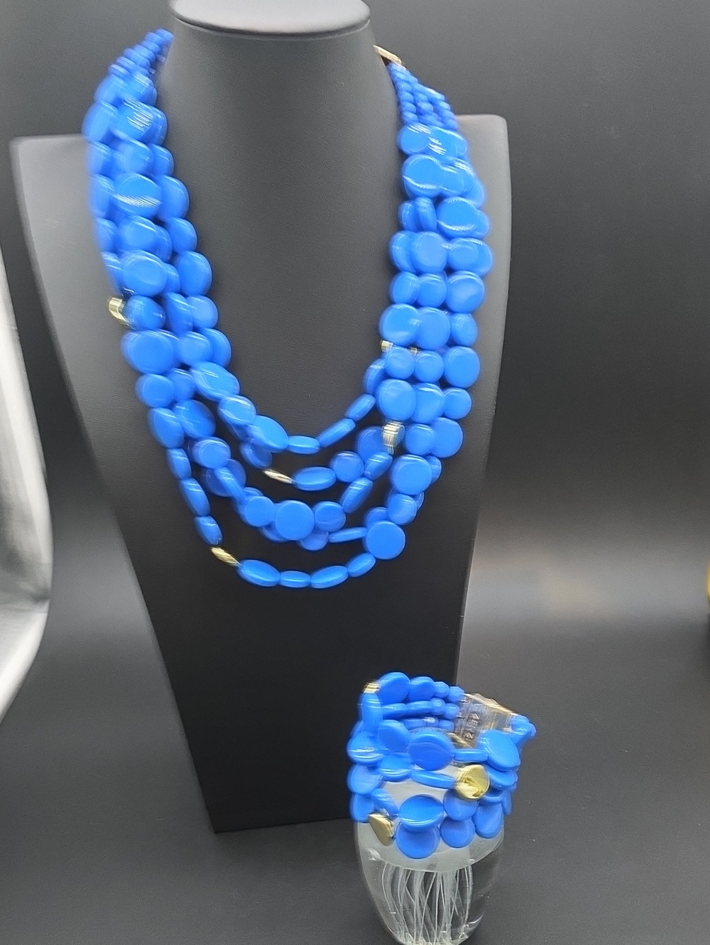 NWT VINTAGE ZENZII Bold Blue Multi-Strand Bead Necklace & Bracelet Set